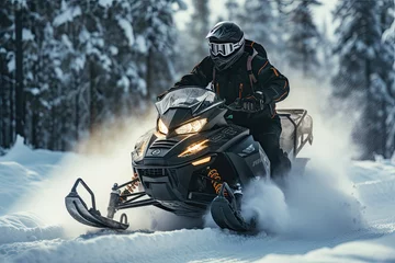 Fotobehang man in helmet rides a snowmobile through the forest, ai generative © ZoomTeam