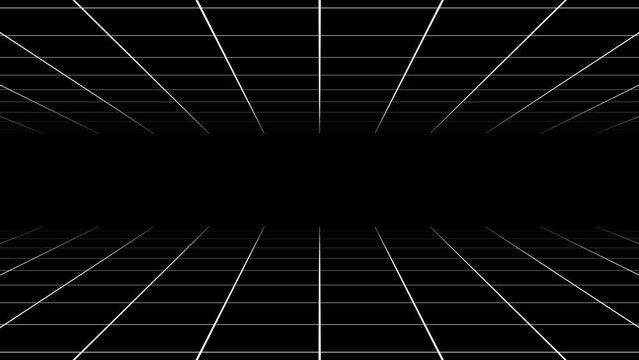 Abstract grid or wireframe net animation. Dynamic blinking and moving stars on the background. Bright glowing neon lights. High technology. White colors