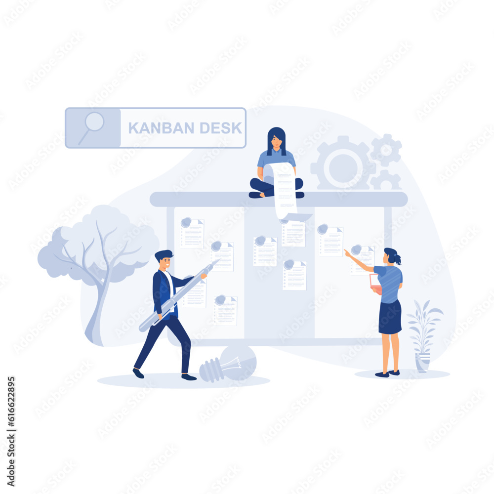 Poster online kanban board app, agile visual project management method, teamwork concepts, flat vector mode