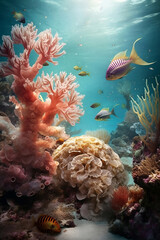 Fototapeta na wymiar Underwater coral reef with pink and golden coral and shoals of fish. Natural undersea landscape background. Generated by artificial intelligence. Concept of ecosystem in the ocean.