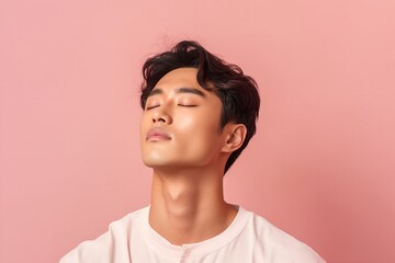 Handsome young asian man with clean fresh skin on pink background.Generative Ai