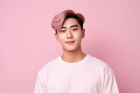 Handsome young asian man with clean fresh skin on pink background.Generative Ai