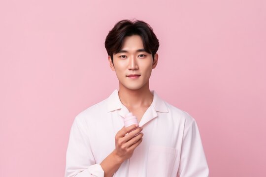 Handsome young asian man with clean fresh skin on pink background.Generative Ai