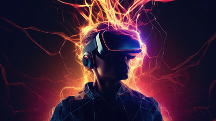 Illustration of woman with glasses of virtual reality. Future technology concept. Generative AI