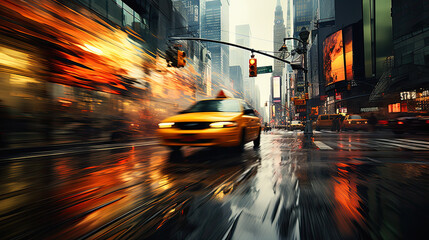 Night city taxi driver, rain, lighting  street. Yellow car. Ai generative