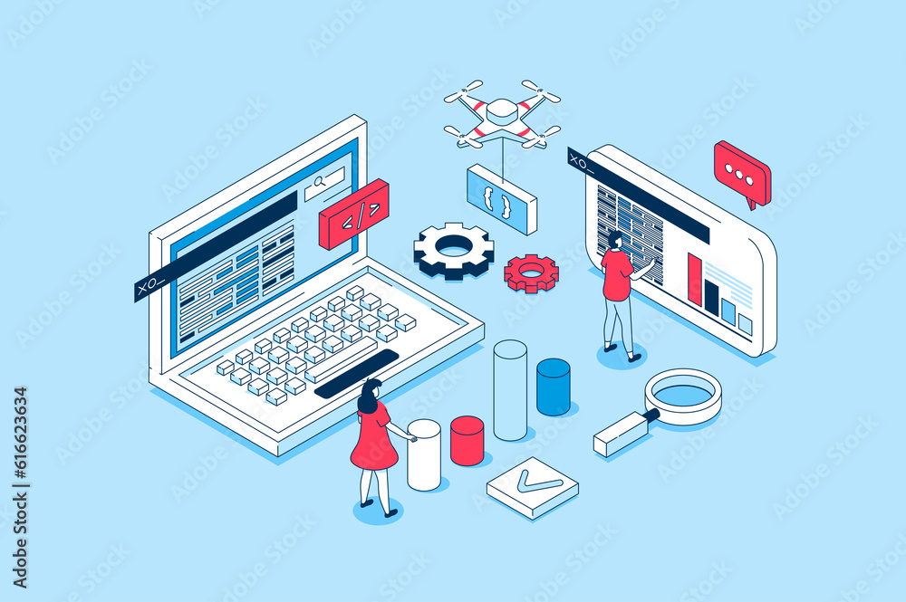 Leinwandbilder devops concept in 3d isometric design. people working with computers, communication and collaboratio