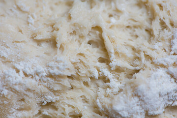 Dough made from natural sourdough. Gluten structure texture close up. Baking at home bread making.
