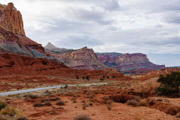 Scenic view on a cloudy day from Capitol Reef National Park, Fruita, Utah. Selective focus, background blur and foreground blur.
