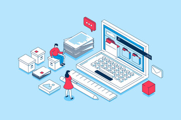 Electronic organization files concept in 3d isometric design. People working with digital database, organizing files in folders on laptop. Illustration with isometry scene for web graphic - obrazy, fototapety, plakaty
