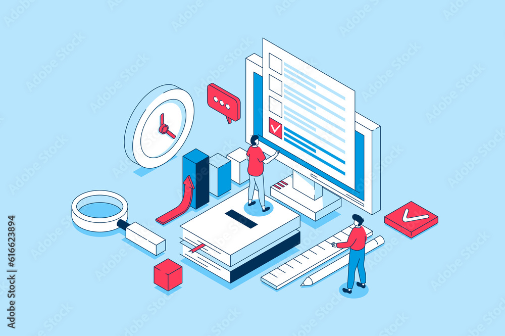 Poster Online survey concept in 3d isometric design. People giving feedback and marking answer in questionnaire, voting in digital form on computer. Illustration with isometry scene for web graphic