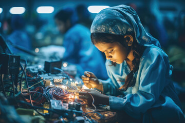 Fototapeta na wymiar Child labour in electronics industry - a teenage asian girl assembling a computer in a factory with some copy space