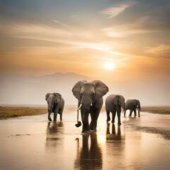 Fototapeta na wymiar A group of elephants walking through the savanna, kicking up dust, concept of Wildlife Migration