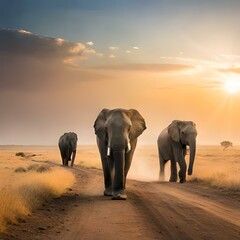 A group of elephants walking through the savanna, kicking up dust, concept of Wildlife Migration