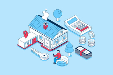 Mortgage investment concept in 3d isometric design. People investing money in real estate, buying new houses and apartments, owning property. Illustration with isometry scene for web graphic
