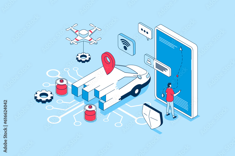 Poster smart car concept in 3d isometric design. people managing of autonomous automobile with smartphone a