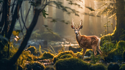 single deer standing at a river in a forest