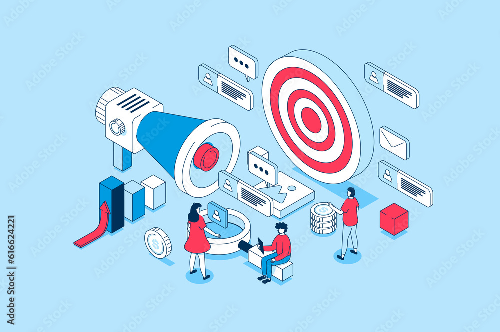 Poster target audience concept in 3d isometric design. people study market and customer trends, create adve