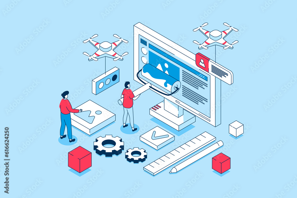Aufkleber Web design concept in 3d isometric design. People creating pages layouts with content, making banners and homepages, programming and coding. Illustration with isometry scene for web graphic