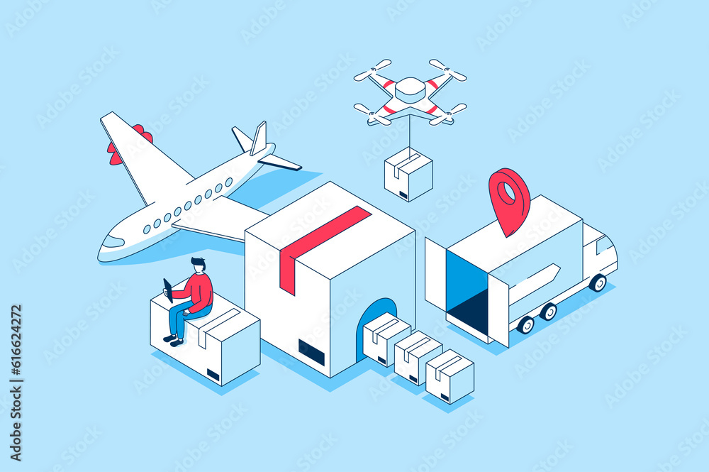 Aufkleber worldwide delivery concept in 3d isometric design. people using global logistic company service and 