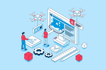 Web design concept in 3d isometric design. People creating pages layouts with content, making banners and homepages, programming and coding. Illustration with isometry scene for web graphic