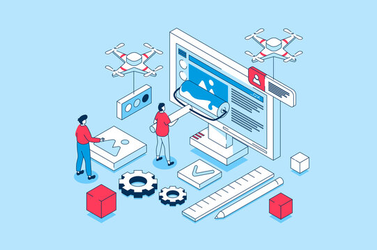 Web design concept in 3d isometric design. People creating pages layouts with content, making banners and homepages, programming and coding. Illustration with isometry scene for web graphic