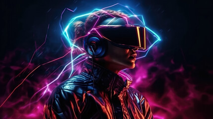 Illustration of woman with glasses of virtual reality. Future technology concept. Generative AI