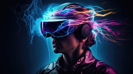 Illustration of woman with glasses of virtual reality. Future technology concept. Generative AI