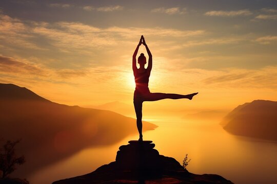 Inspiring Sunrise Yoga: A tranquil and inspirational photograph of a yogi practicing yoga poses during a stunning sunrise, conveying a sense of balance and inner peace, suitable for yoga studios and w