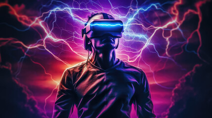 Fototapeta premium Illustration of man with glasses of virtual reality. Future technology concept. Generative AI