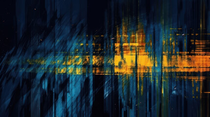 Glitch overlay. Analog distortion. Noise texture. Blue green yellow background. 