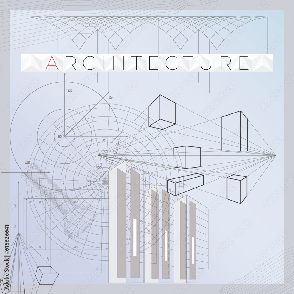 Poster concept of architects workplace - architectural project, blueprints. architecture text.