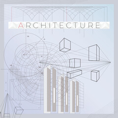 Concept of Architects workplace - architectural project, blueprints. Architecture Text.