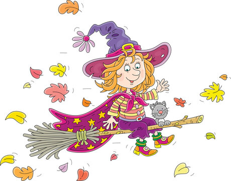 Merry little witch with a big hat and a cloak with stars flying among falling and swirling autumn leaves on her magic broom with a funny small cat, vector cartoon illustration on white
