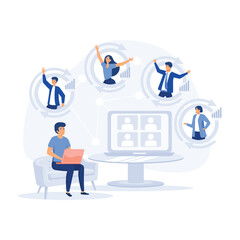 People Character working Remote at Home and using Laptop for Video Meeting with Colleagues and Friends, flat vector modern illustration 
