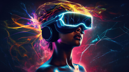 Illustration of woman with glasses of virtual reality. Future technology concept. Generative AI
