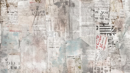 Newspaper paper grunge aged newsprint pattern background. Vintage old newspapers template texture, generative ai