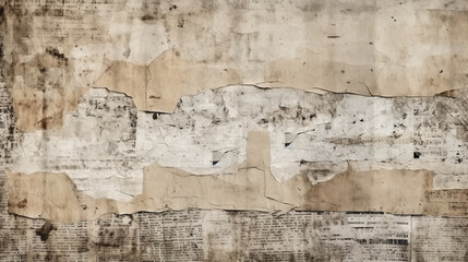 Newspaper paper grunge aged newsprint pattern background. Vintage old newspapers template texture, generative ai