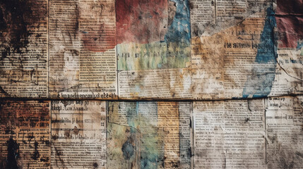 Newspaper paper grunge aged newsprint pattern background. Vintage old newspapers template texture, generative ai