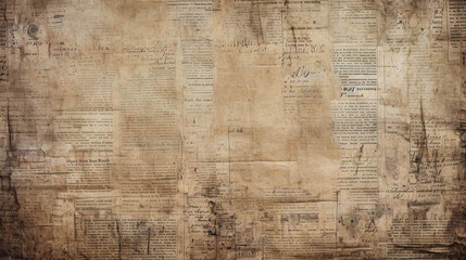 Newspaper paper grunge aged newsprint pattern background. Vintage old newspapers template texture, generative ai