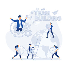 Obraz premium Team building concept. Group of people gather and work together to get good business results, flat vector modern illustration