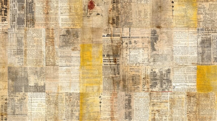 Fototapeta premium Aged newsprint texture layered with yellow washes provides a distressed vintage background for design projects.