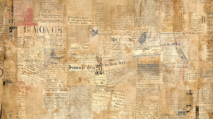 Newspaper paper grunge aged newsprint pattern background. Vintage old newspapers template texture, generative ai