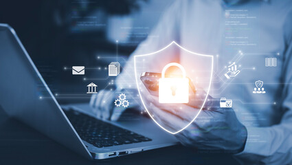 Email concept with laptop spam and virus computer monitor internet security concept, businessman reading electronic mail with a laptop. Spam, junk and e-marketing on screen, Spam Email Pop-up Warning.