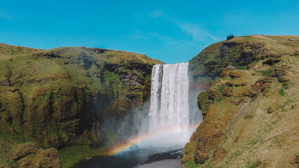 Waterfall In Iceland. Amazing View Of The Skogafoss Waterfall