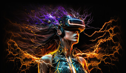 Illustration of woman with glasses of virtual reality. Future technology concept. Generative AI