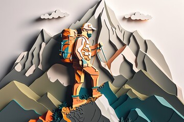 cardboard style. a man with mountain equipment climbs a mountain. travel concept. mountain hike. generative ai.
