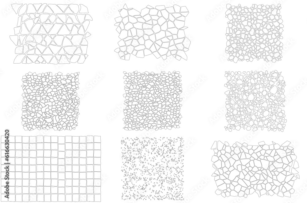 Wall mural stone on ground vector, broken tiles mosaic pattern. texture interior background line art. set of gr