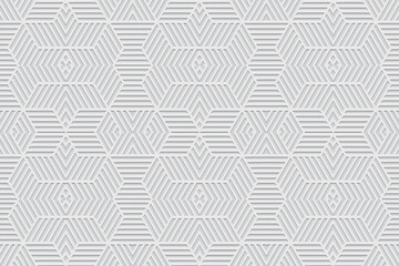 Embossed elegant white background, ethnic cover design. Geometric 3D pattern of lines, stripes and contours, press paper, leather. Tribal flavor of the East, Asia, India, Mexico, Aztec, Peru.