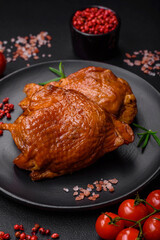 Delicious fried or smoked chicken thighs grilled with spices and herbs