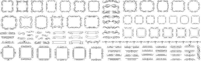 Calligraphic design elements . Decorative swirls or scrolls, vintage frames , flourishes, labels and dividers. Retro illustration. Big set.